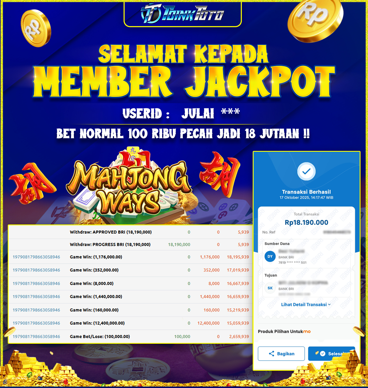 TOINKTOTO JACKPOT GAME SLOT MAHJONG WAYS PG SOFT Rp.18.190.000.,- LUNAS